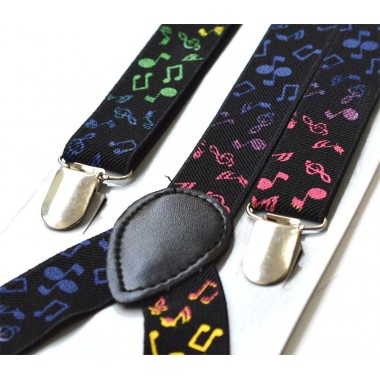 Bretele unisex, negre, model note muzicale multicolore Rainbow