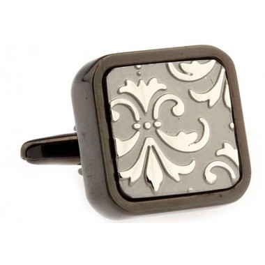 Butoni camasa, gri fumuriu, cu model floral silver