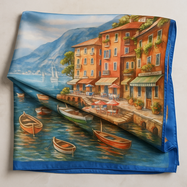Esarfa albastra eleganta dama dreptunghiulara din satin matase – model Port Mediteranean