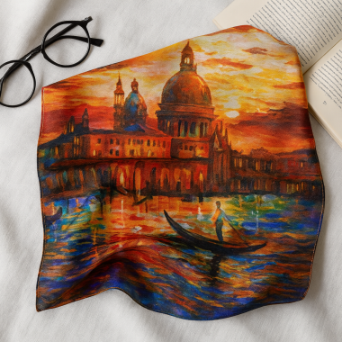 Esarfa eleganta dama dreptunghiulara portocaliu apus Venezia din satin matase