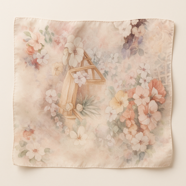 Esarfa eleganta patrata dama bej roz pastel 70x70 satin matase – Flori Acuarela