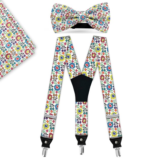 Set papion, batista, bretele, imprimeu "Traditional Floral Multicolor"