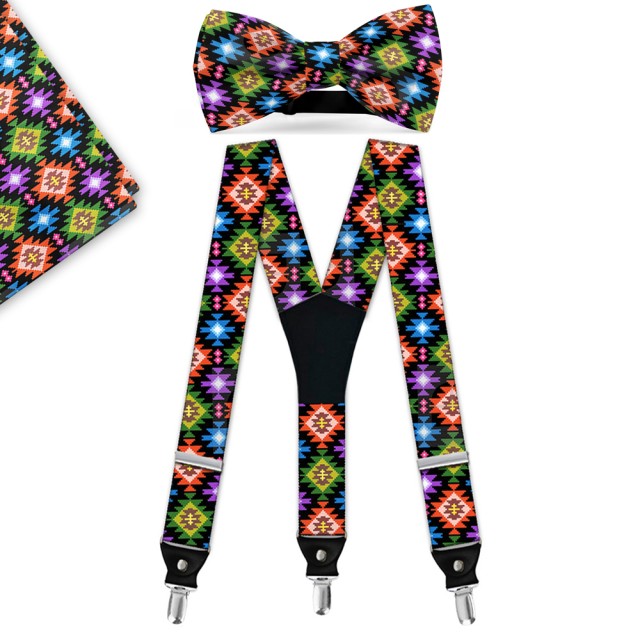 Set papion, batista, bretele, imprimeu "Traditional Multicolor"