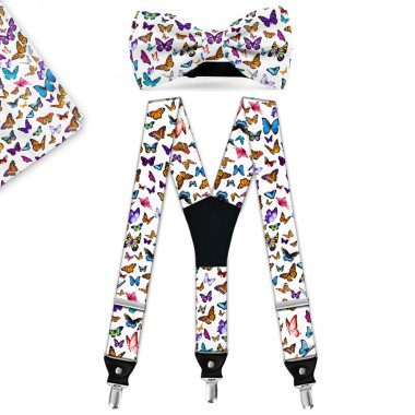 Set papion, batista, bretele, imprimeu "Fluturi multicolori"