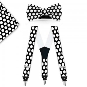 Set papion, batista, bretele, negru, buline albe mari