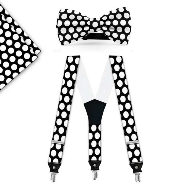 Set papion, batista, bretele, negru, buline albe mari