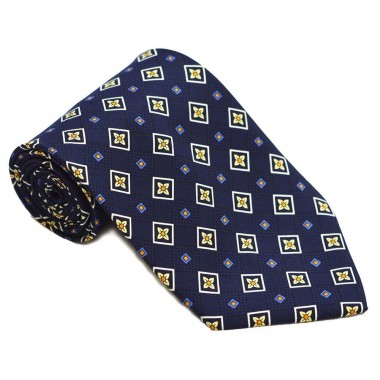 Cravata barbati bleumarin cu model floral galben si patratele portocalii 193