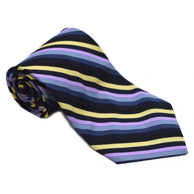 Cravata barbati neagra cu dungi oblice bleumarin galbene violet gri 208