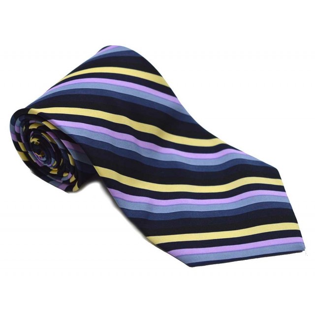 Cravata barbati neagra cu dungi oblice bleumarin galbene violet gri 208