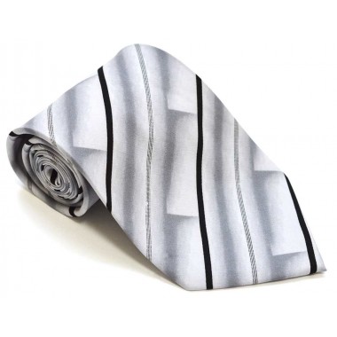 Cravata barbati alba cu model abstract gri si dungi oblice negre 220