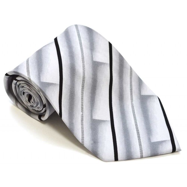 Cravata barbati alba cu model abstract gri si dungi oblice negre 220