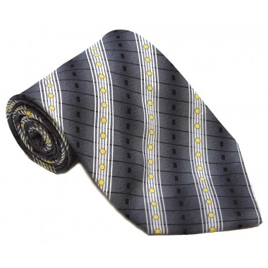 Cravata barbati argintie cu model abstract alb cu galben si dungi oblice negre 238