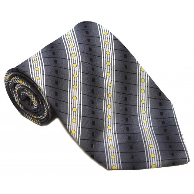 Cravata barbati argintie cu model abstract alb cu galben si dungi oblice negre 238