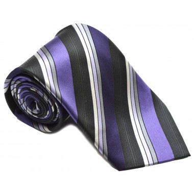 Cravata barbati neagra cu dungi oblice gri argintii violet 258