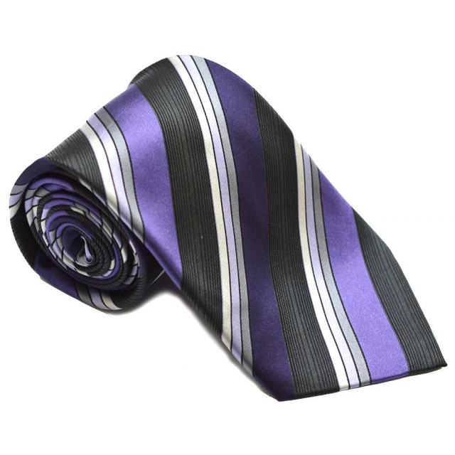 Cravata barbati neagra cu dungi oblice gri argintii violet 258