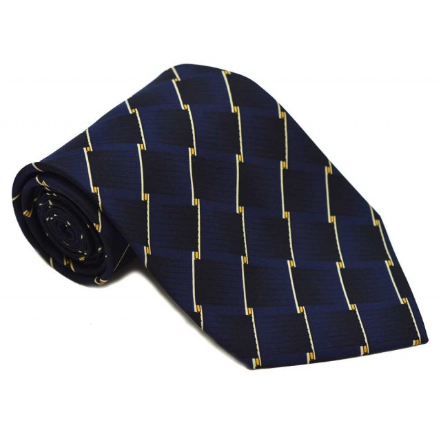 Cravata barbati bleumarin cu dungi oblice albastre si model abstract galben 222