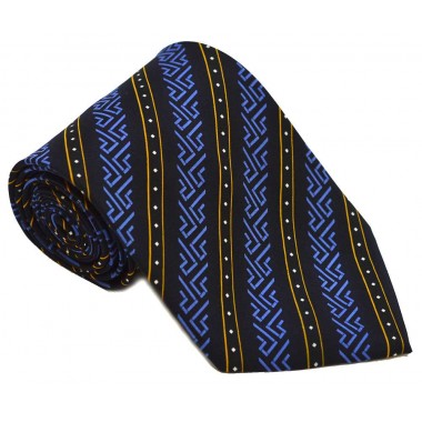 Cravata barbati neagra cu model abstract albastru si dungi oblice portocalii 231