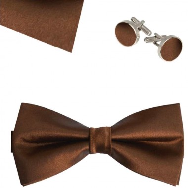 Set papion, butoni camasa, batista, maro uni, clasic