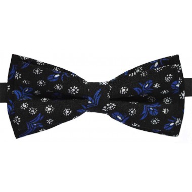 Papion negru cu model floral alb si albastru 