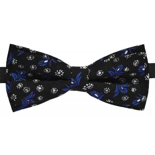 Papion negru cu model floral alb si albastru 