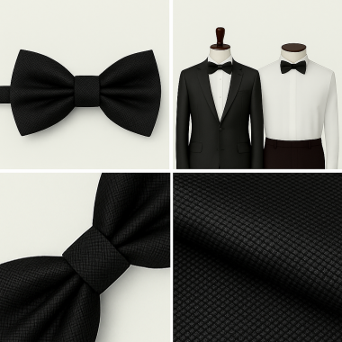 Papion negru bărbați – satin de mătase texturat, model romb cu 3 pliuri, elegant, pre-legat