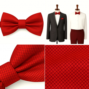 Papion roșu bărbați – microfibră texturată, model romb, elegant, pre-legat
