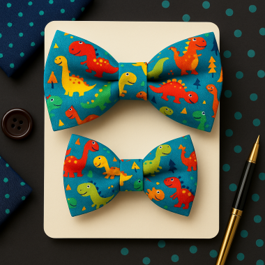 Set papioane tată-fiu „Dino Party” – imprimeu colorat cu dinozauri pe fundal albastru