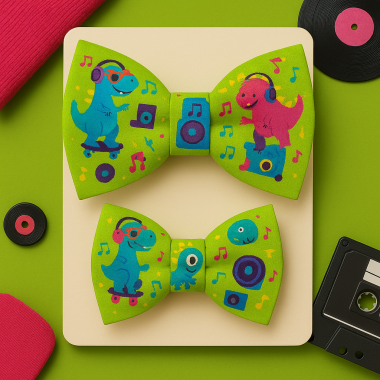 Set papioane tată-fiu „Dino Party” – dinozauri dansatori pe fundal verde