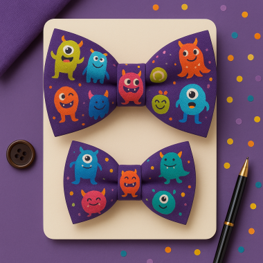 Set papioane tată-fiu „Mini Monștri” – imprimeu jucăuș cu monștri colorați pe fundal mov