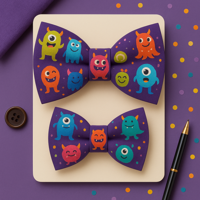 Set papioane tată-fiu „Mini Monștri” – imprimeu jucăuș cu monștri colorați pe fundal mov