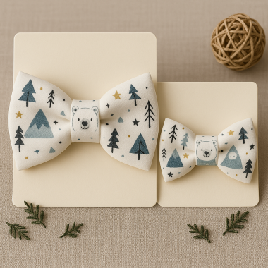 Set papioane tată-fiu „Urs Polar în Pădure” – crem cu brazi, munți și stele aurii