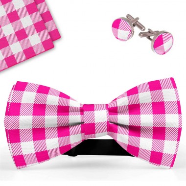 Set papion barbati, batista, butoni, roz-alb, carouri